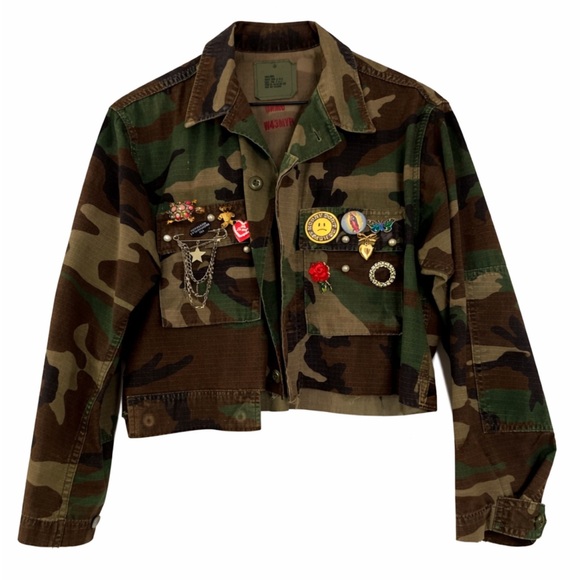 Jackets & Blazers - Custom Cropped Camouflage Jacket with Decorative Patches